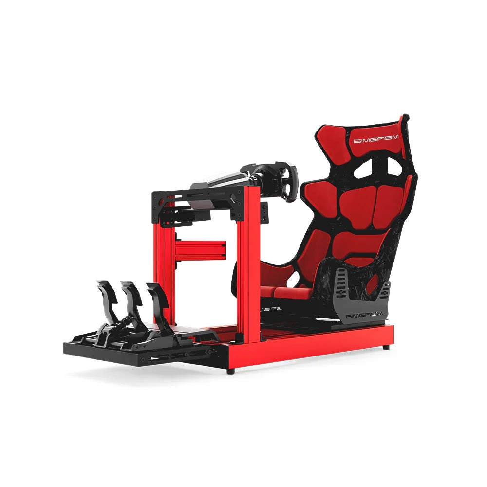 SIMGASM Club red sim racing cockpit, red GT seat and MOZA wheel base, front three-quarter studio view