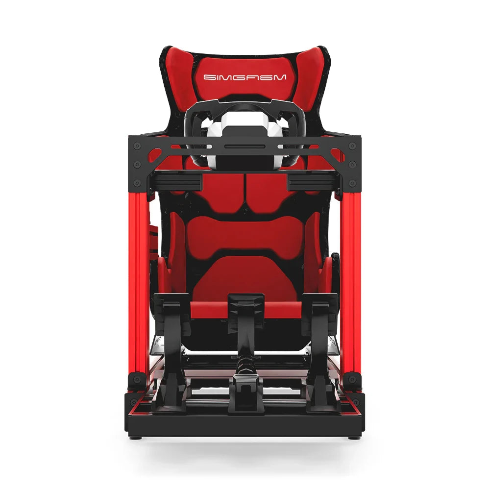 SIMGASM Club red sim racing cockpit, red GT seat and MOZA wheel base, straight front studio view