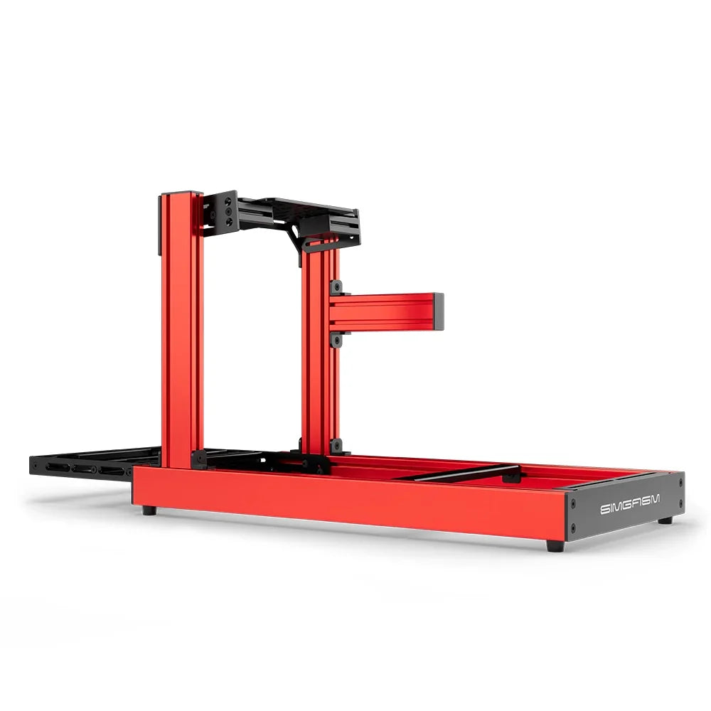 SIMGASM Club red sim racing cockpit, bottom-mount wheel deck, side-profile studio view