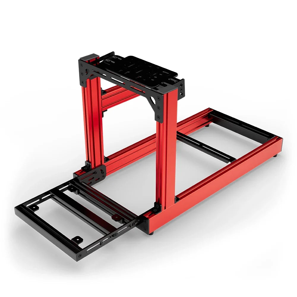 SIMGASM Club red sim racing cockpit, bottom-mount wheel deck, pedal-end three-quarter studio view
