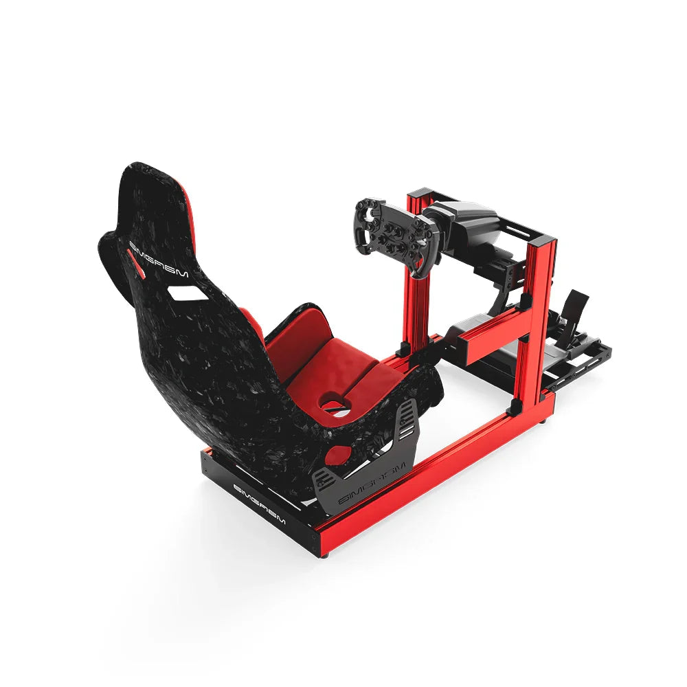 SIMGASM Club red sim racing cockpit, Forged Carbon Look Formula seat and MOZA wheel base, elevated rear studio view