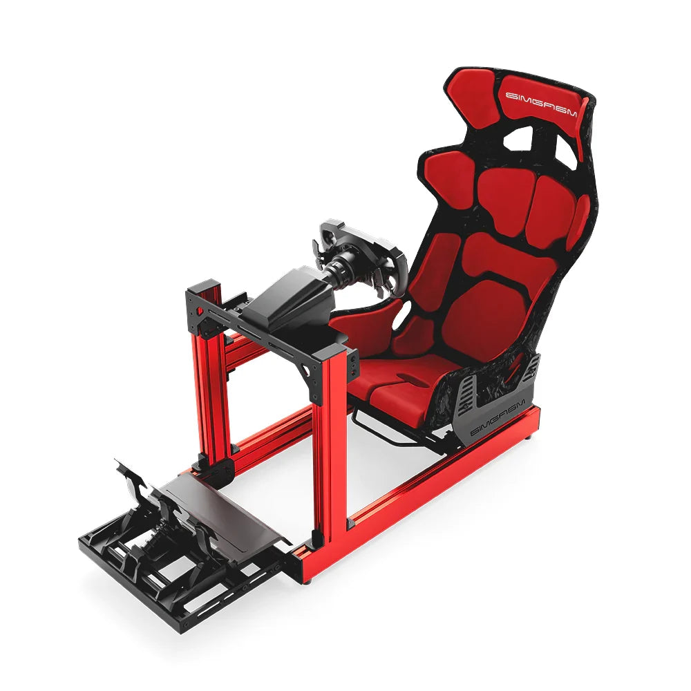 SIMGASM Club red sim racing cockpit, red GT seat and MOZA wheel base, elevated front studio view