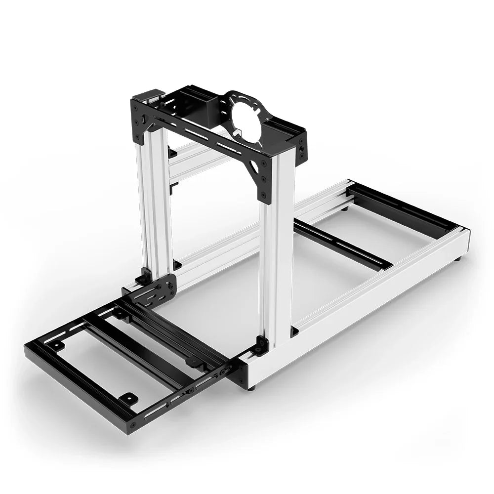 SIMGASM Club white sim racing cockpit, front-mount wheel plate, pedal-end three-quarter studio view