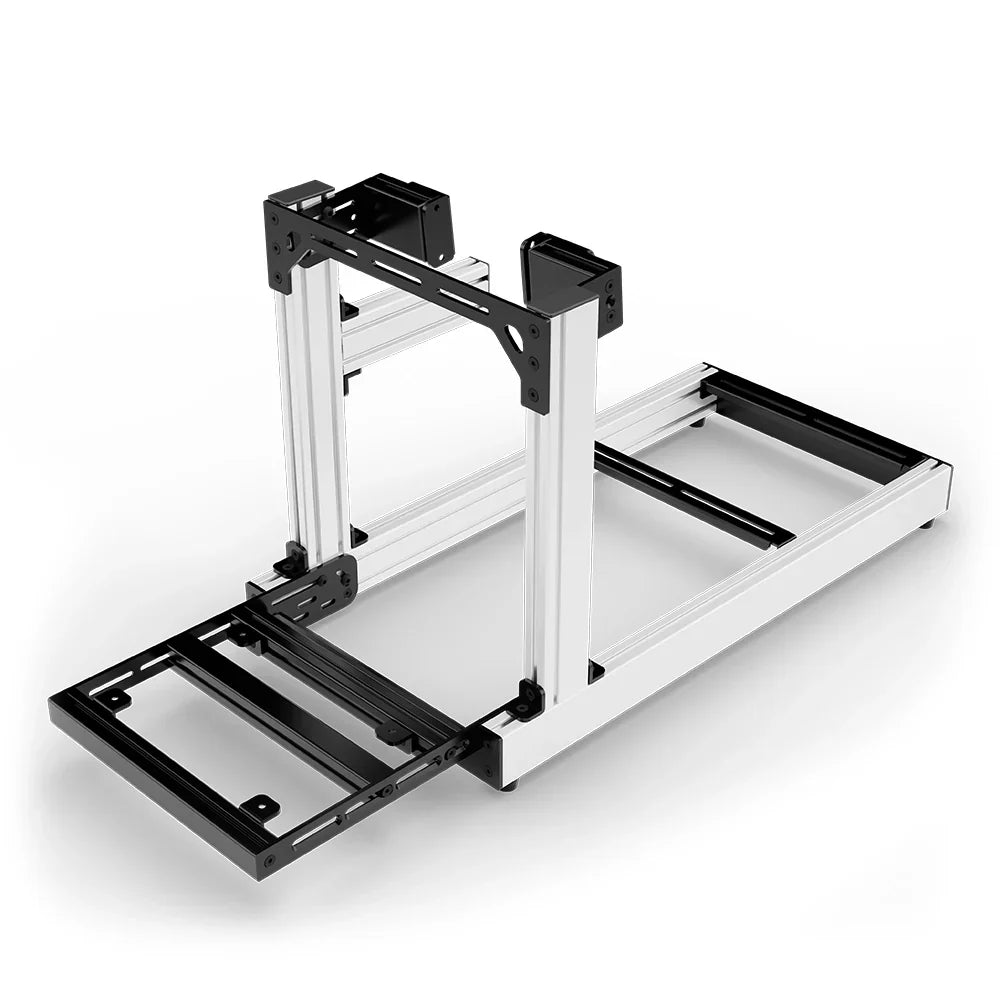 SIMGASM Club white sim racing cockpit, side-mount wheel brackets, pedal-end three-quarter studio view