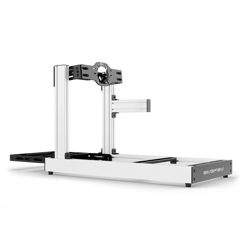 SIMGASM Club white sim racing cockpit, front-mount wheel plate, side-profile studio view
