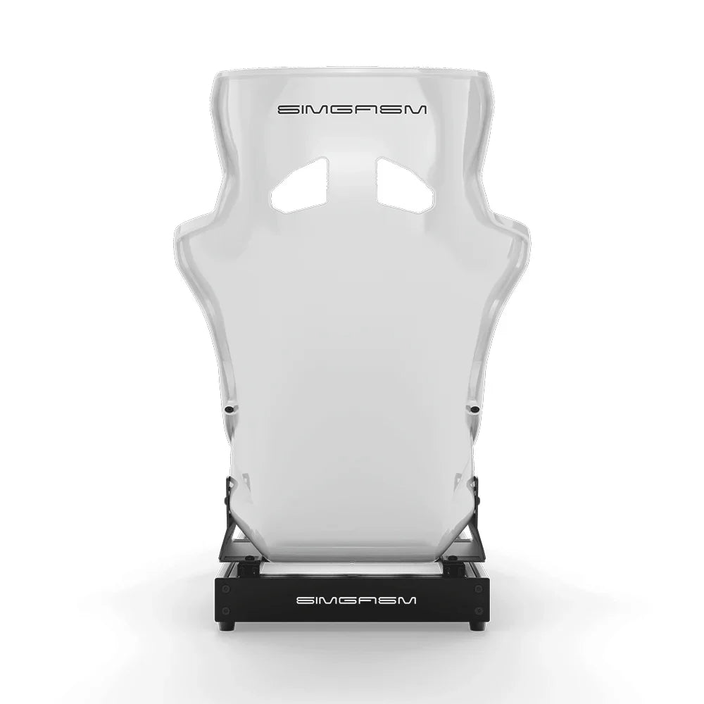 SIMGASM Club white sim racing cockpit, white GT seat, rear view of seat shell