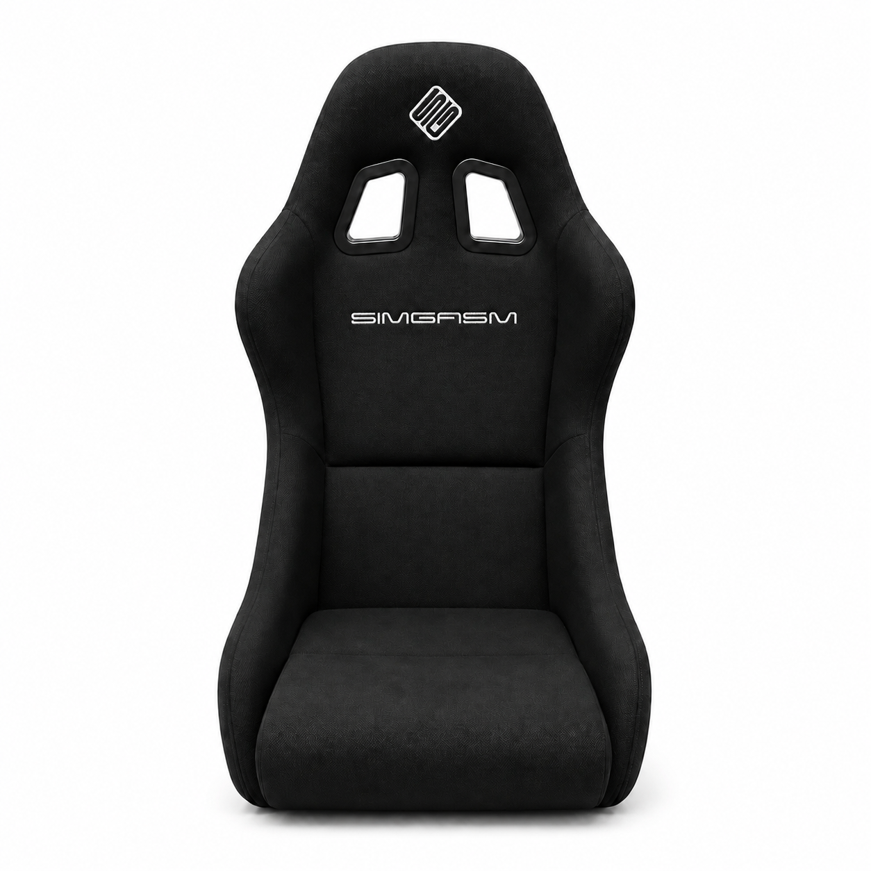 Front view of the black SIMGASM Core bucket seat with fitted back and base cushions