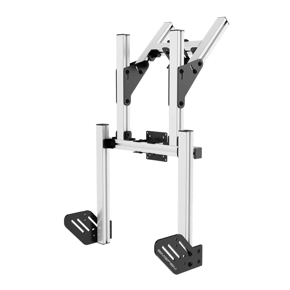 Right three-quarter product view of the white SIMGASM Core integrated double monitor stand with its VESA brackets
