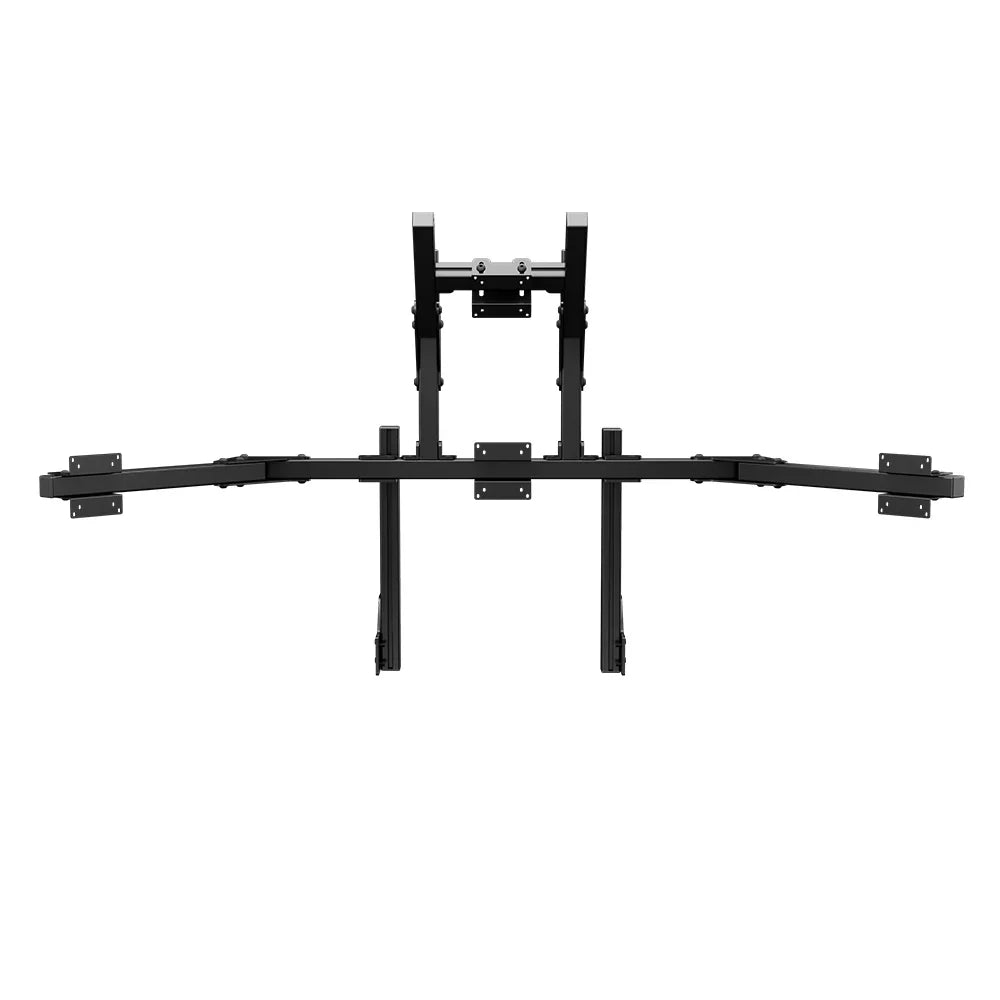 Straight-on view of the Core quad stand with four VESA plates on its curved crossbar
