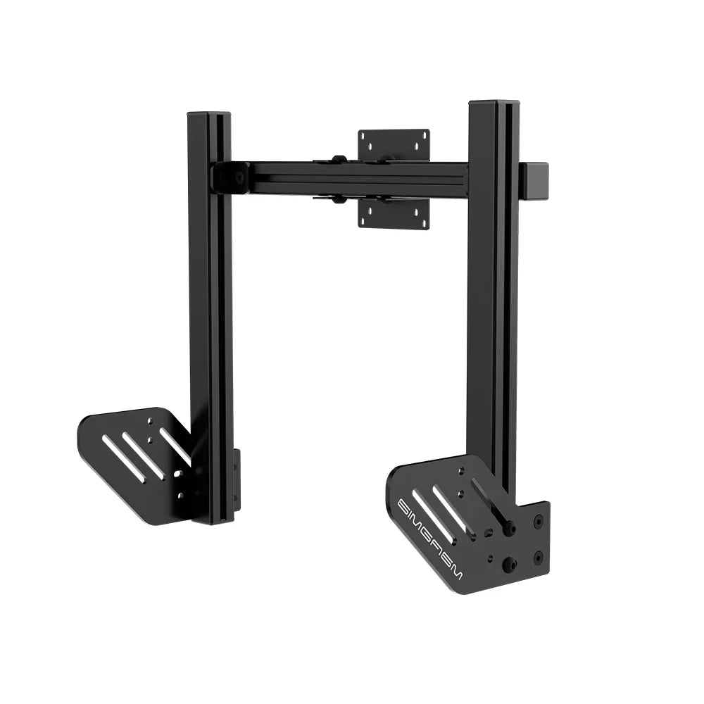 Rear angled view of the SIMGASM Core integrated monitor stand showing the horizontal rail and cockpit mounts