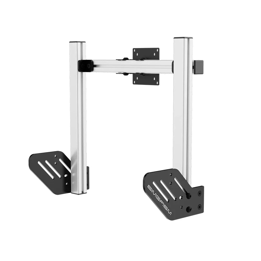 Right three-quarter product view of the white SIMGASM Core integrated single monitor stand with its VESA brackets