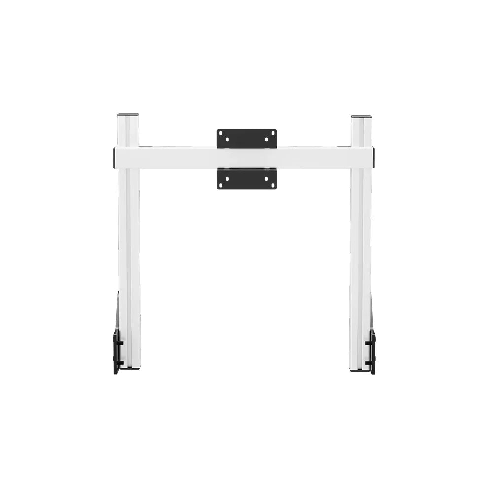 Straight-on product view of the white SIMGASM Core integrated single monitor stand with its VESA brackets