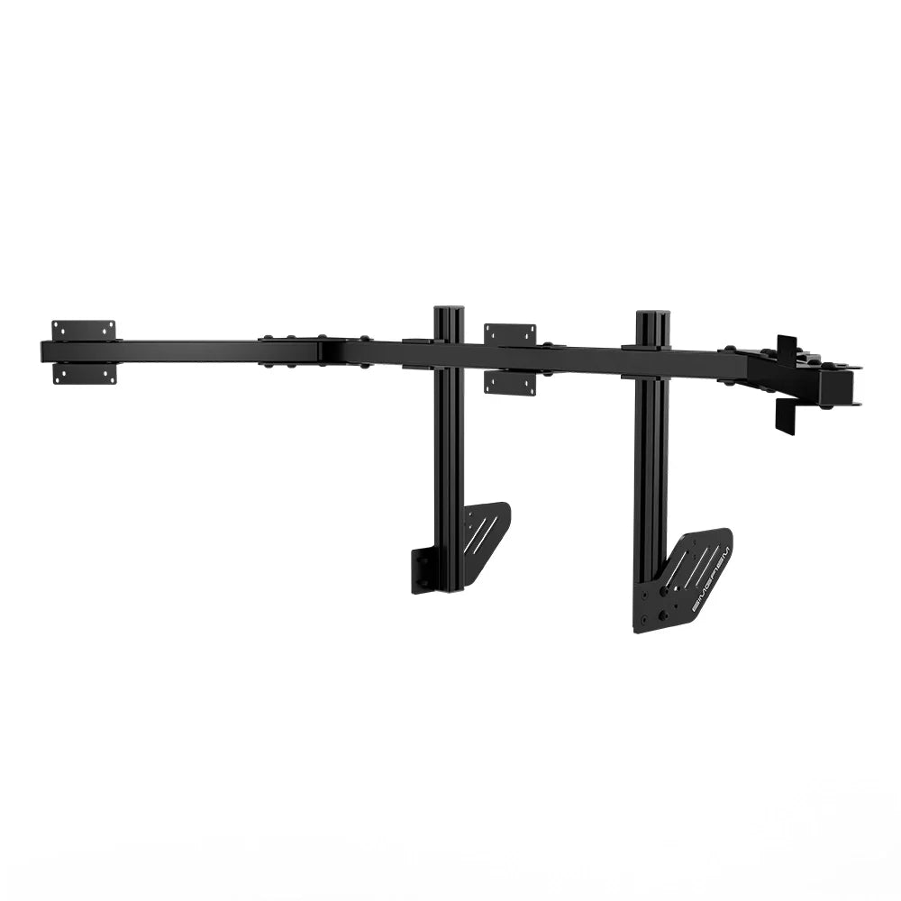 Angled view of the black SIMGASM Core integrated triple monitor stand with three VESA 75/100 plates