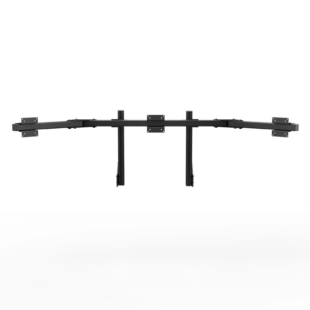 Straight-on view of the SIMGASM Core triple monitor stand showing three VESA mounts and angled side arms