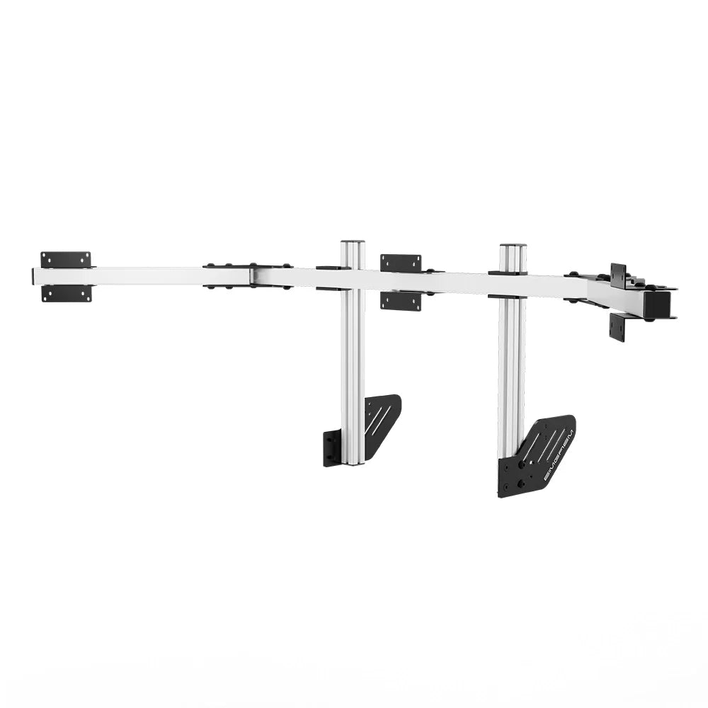 Left three-quarter product view of the white SIMGASM Core integrated triple monitor stand with its VESA brackets