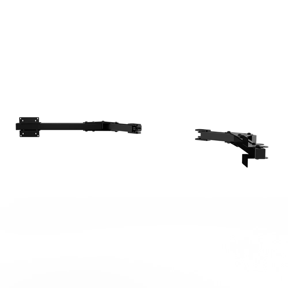Angled view of the black SIMGASM Core monitor side-arm pair with VESA 75/100 plates