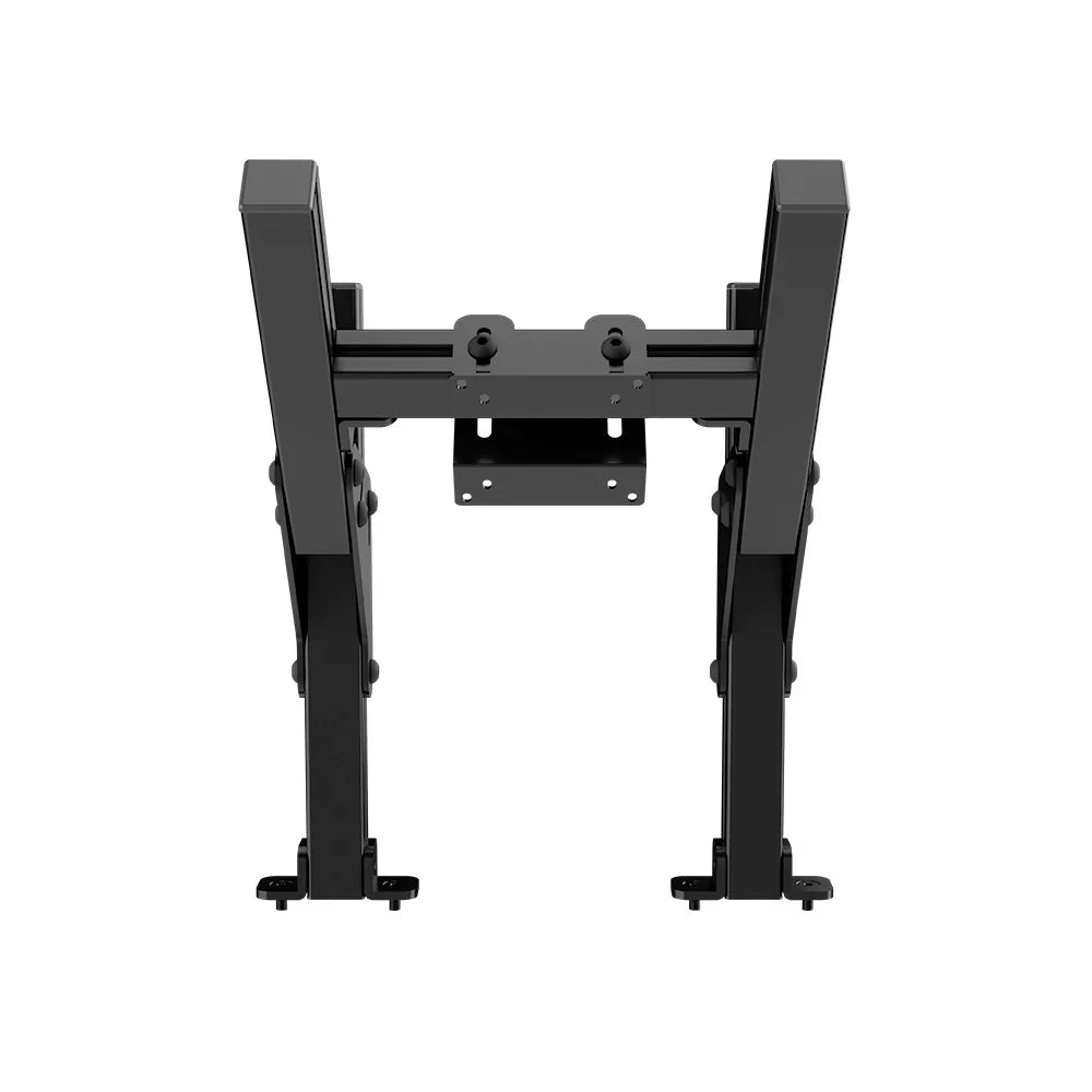 Straight-on rear view of the SIMGASM Core top monitor stand showing its central VESA plate and rail clamps