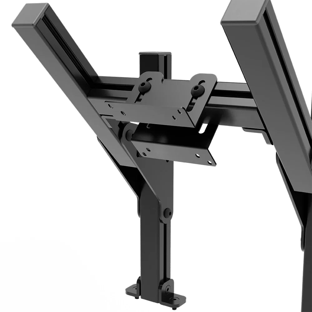 Close-up of the SIMGASM Core top monitor stand VESA plate and adjustable mounting hardware