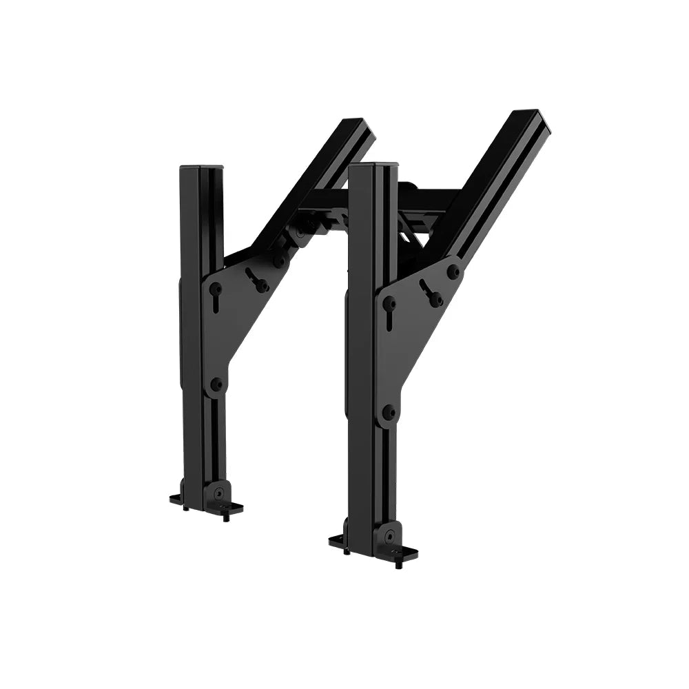 Side angle of the SIMGASM Core top monitor stand showing slotted pivot brackets and inclined rails