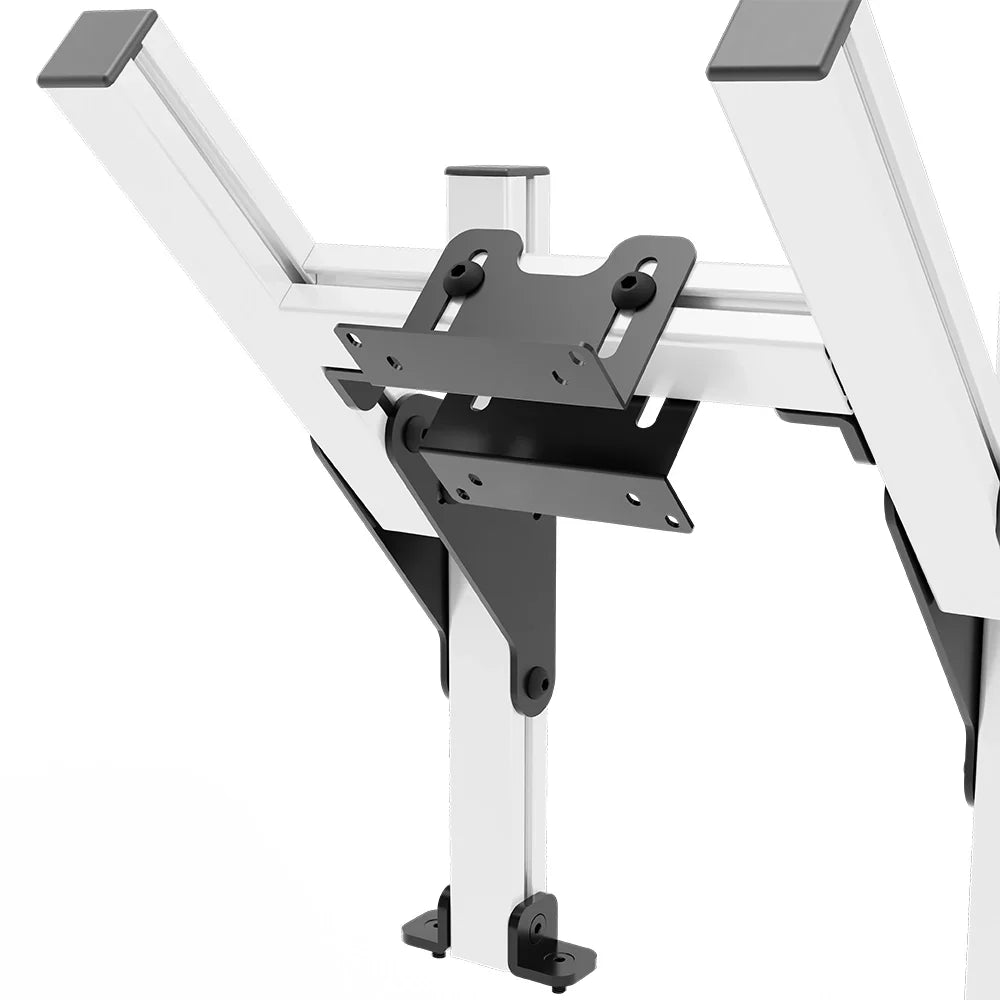 Close-up of the central VESA bracket and tilt hardware on the white SIMGASM Core top monitor mount