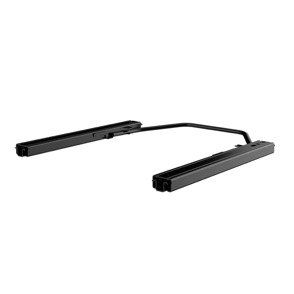 Rear three-quarter view of the black dual-locking seat slider set and release bar