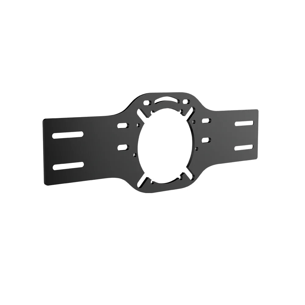 Three-quarter view of the black SIMGASM front wheel-mount bracket and slotted side holes