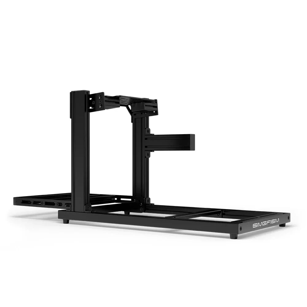 SIMGASM Hobby black sim racing cockpit, bottom-mount wheel deck, side-profile studio view