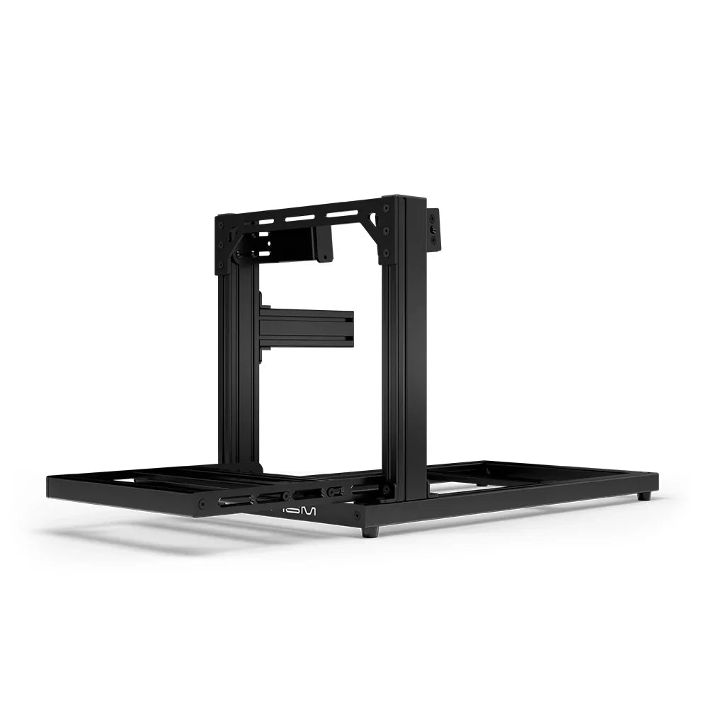 SIMGASM Hobby black sim racing cockpit, side-mount wheel brackets, end-on studio view