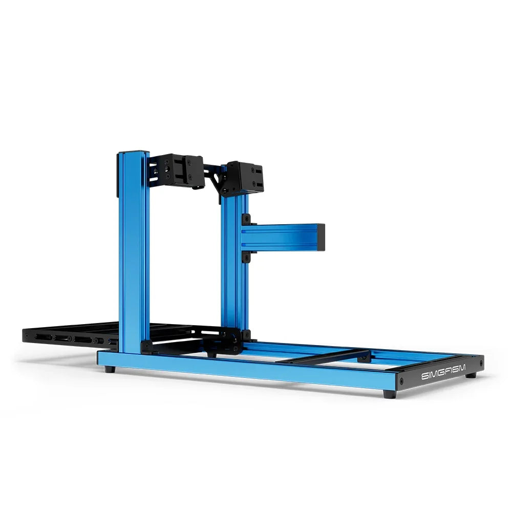SIMGASM Hobby blue sim racing cockpit, side-mount wheel brackets, side-profile studio view