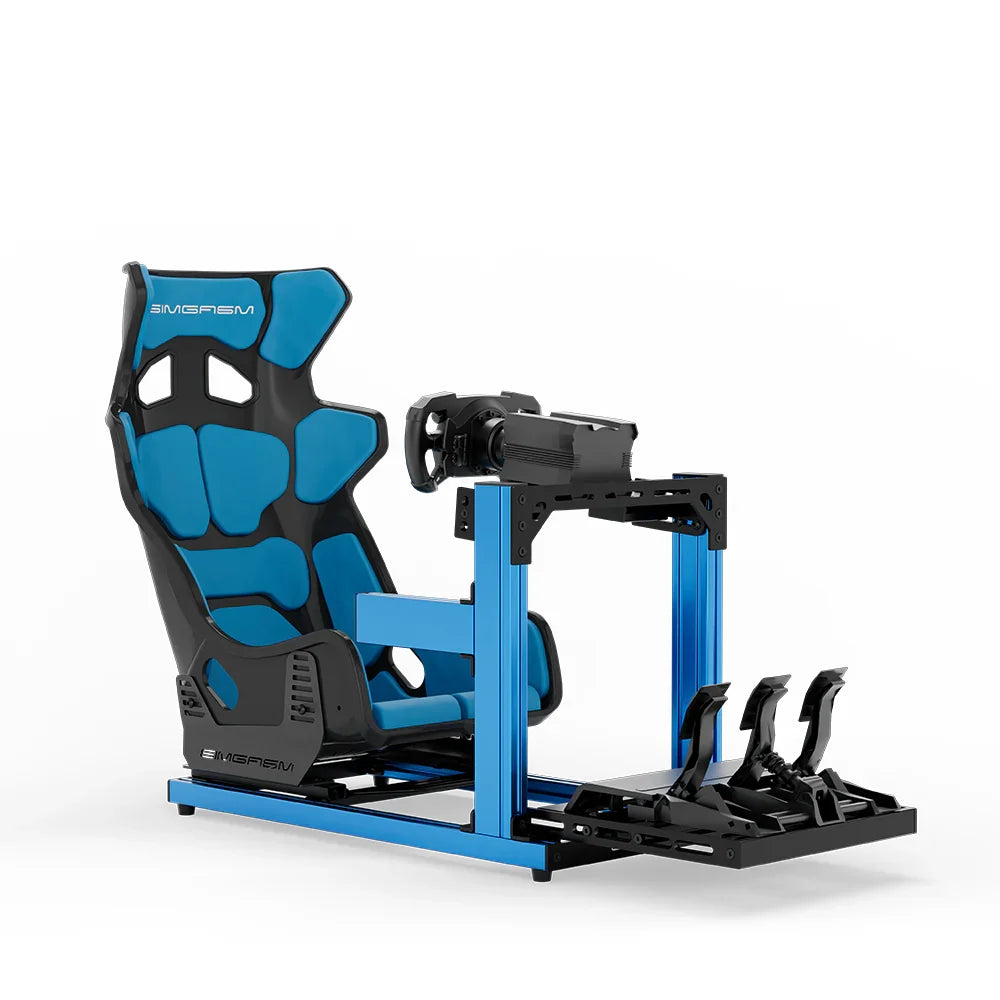SIMGASM Hobby blue sim racing cockpit, blue GT seat and MOZA wheel base, front three-quarter studio view