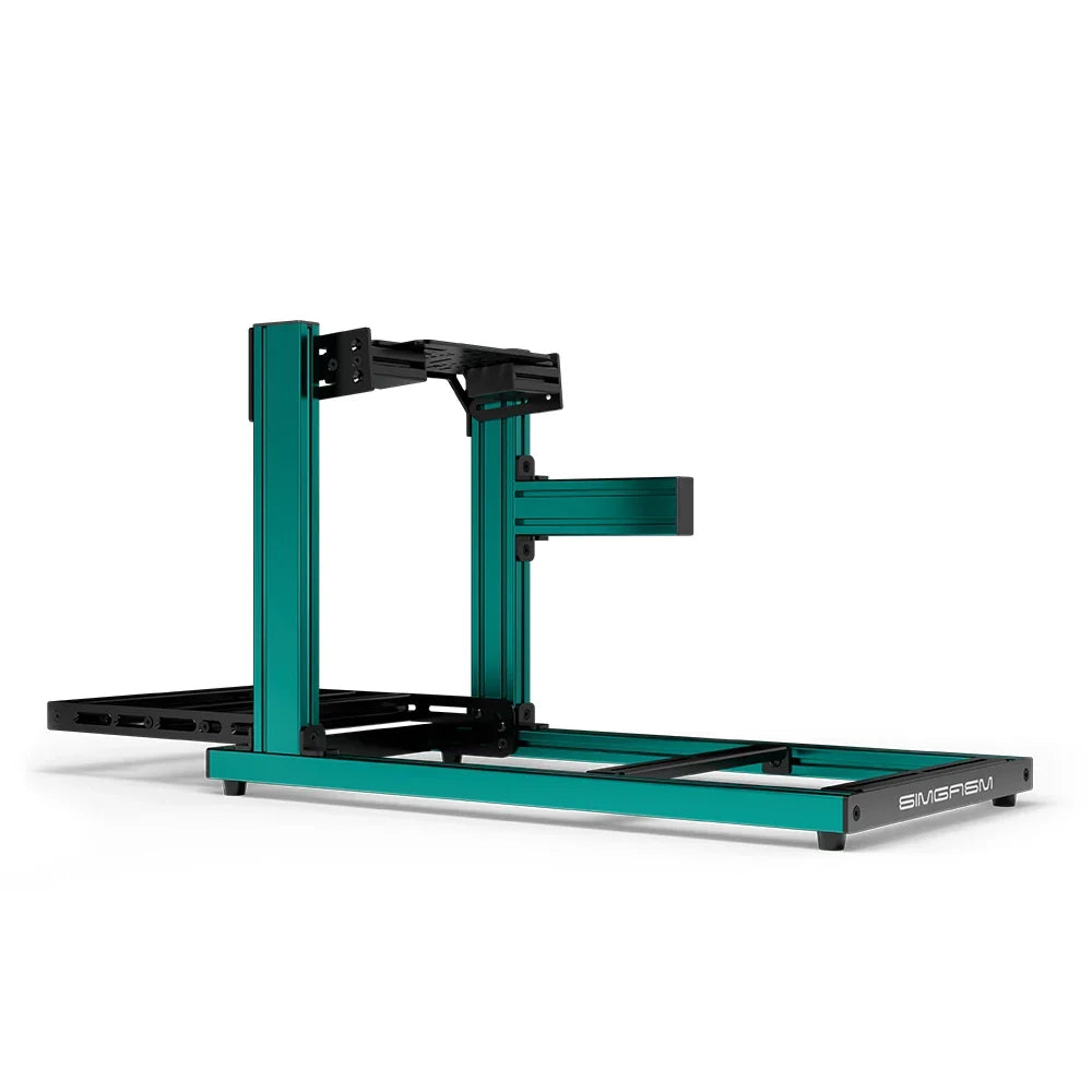 SIMGASM Hobby green sim racing cockpit, bottom-mount wheel deck, side-profile studio view
