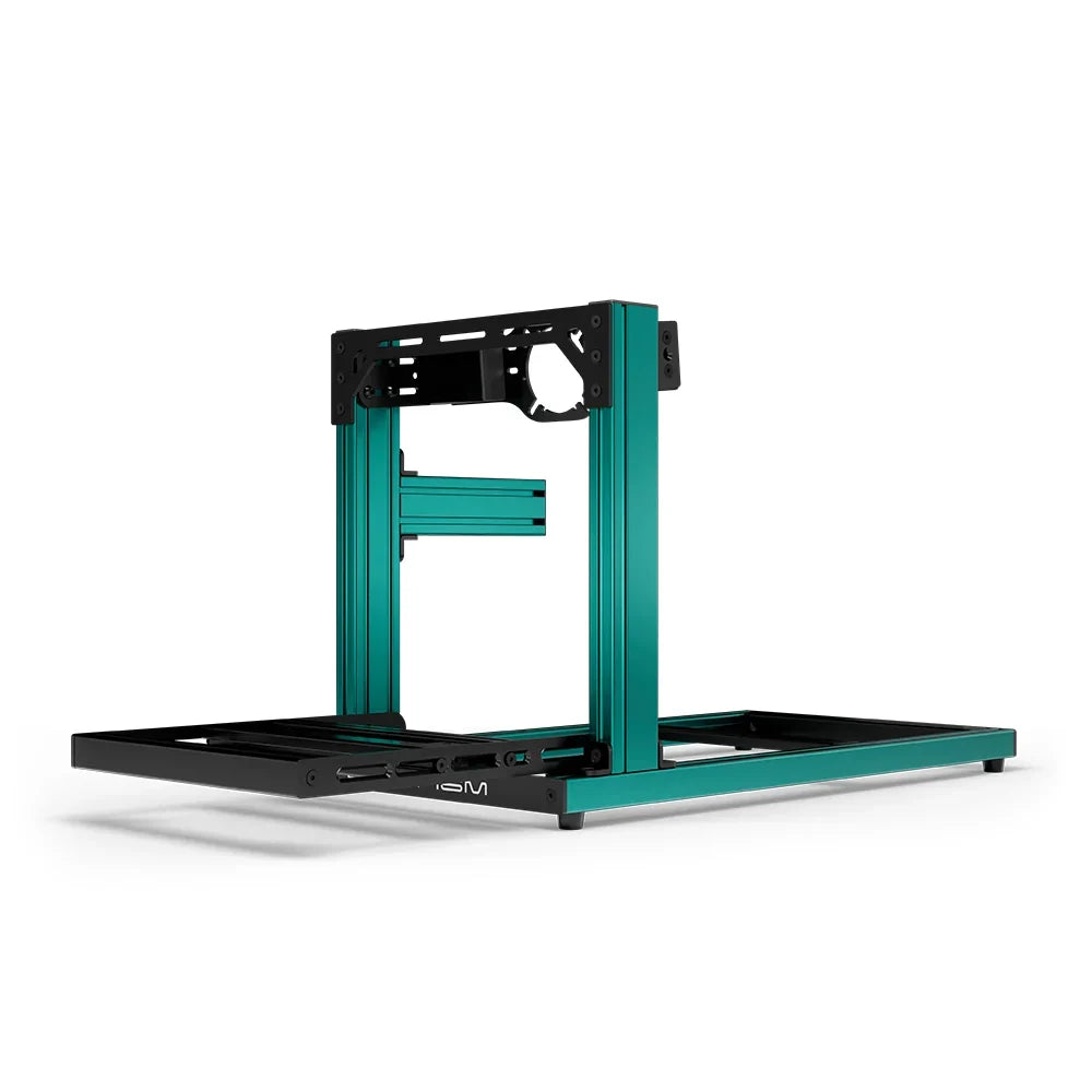 SIMGASM Hobby green sim racing cockpit, front-mount wheel plate, end-on studio view