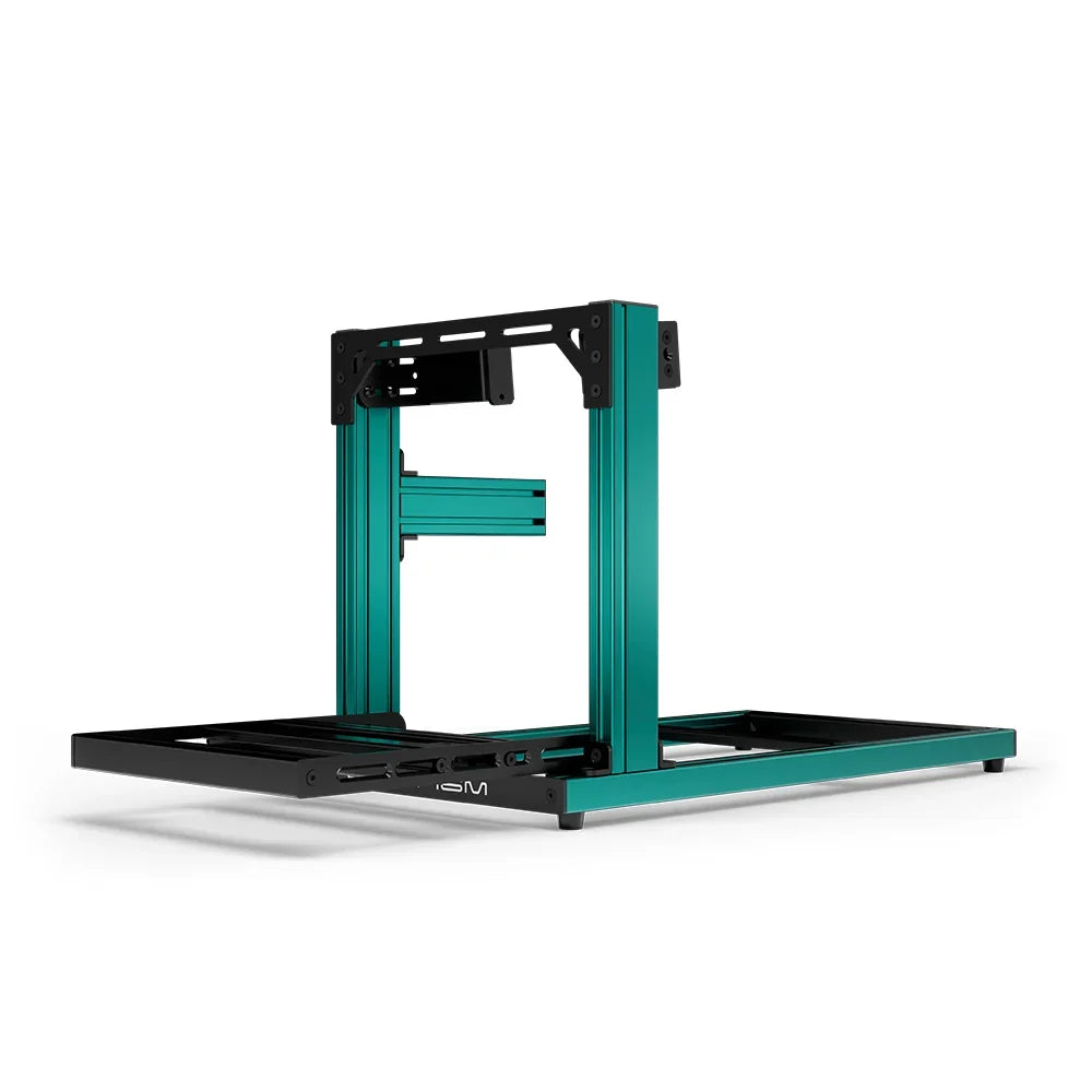 SIMGASM Hobby green sim racing cockpit, side-mount wheel brackets, end-on studio view