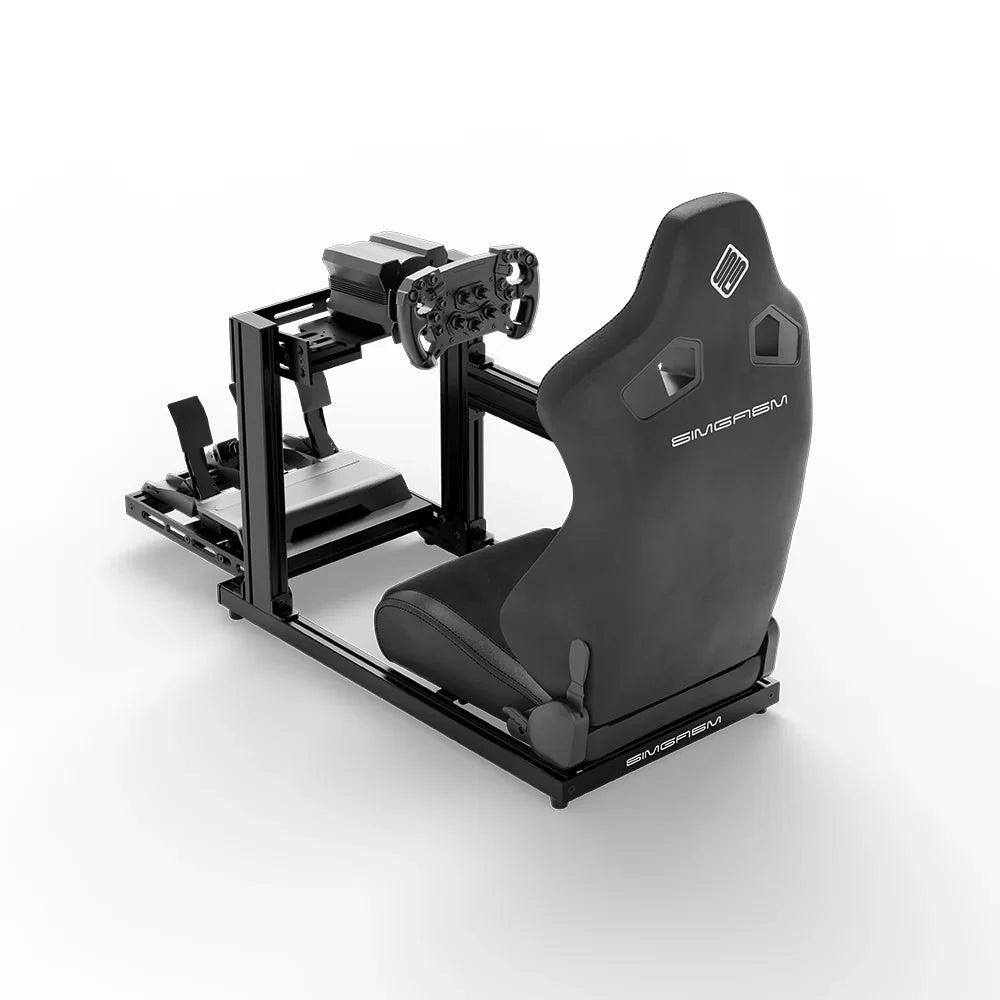 SIMGASM Hobby JPS sim racing cockpit, black reclining seat and MOZA wheel base, elevated rear angle, wheel left