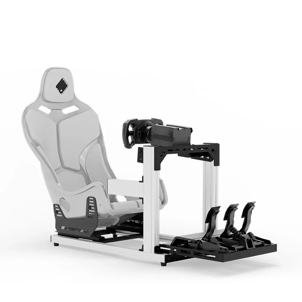 SIMGASM Hobby Marini sim racing cockpit, white Formula seat and MOZA wheel base, front three-quarter studio view
