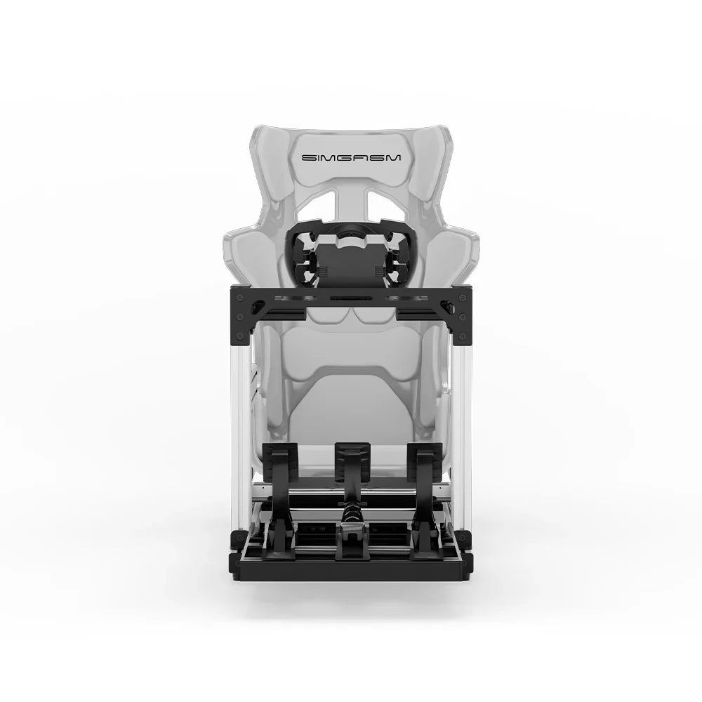 SIMGASM Hobby Marini sim racing cockpit, white GT seat and MOZA wheel base, straight front studio view