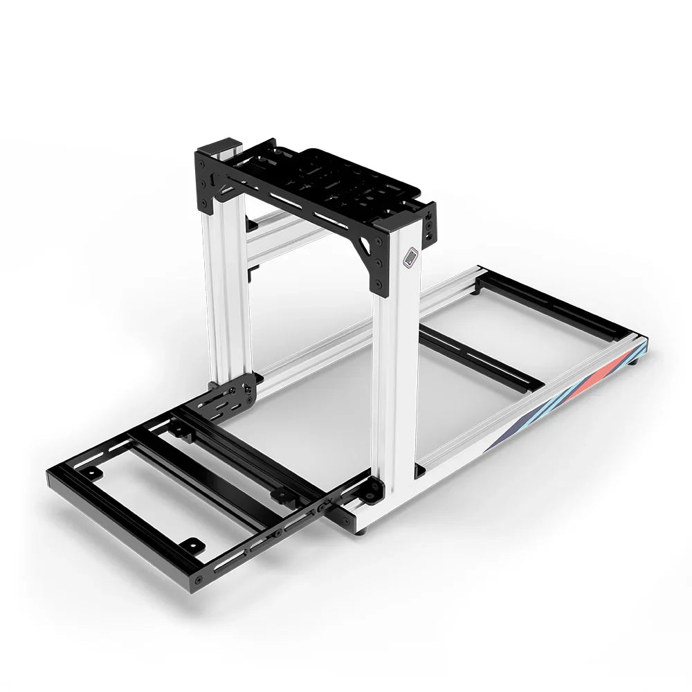 SIMGASM Hobby Marini sim racing cockpit, bottom-mount wheel deck, pedal-end three-quarter studio view