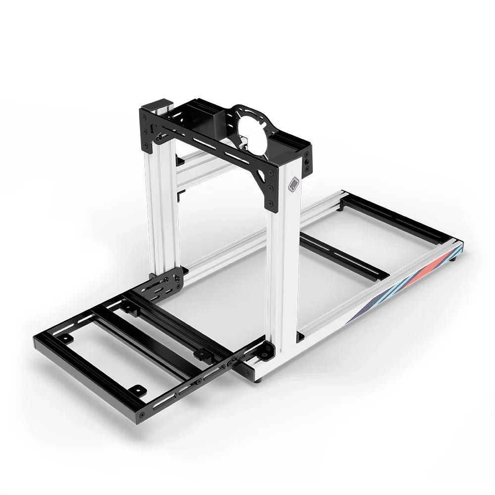SIMGASM Hobby Marini sim racing cockpit, front-mount wheel plate, pedal-end three-quarter studio view