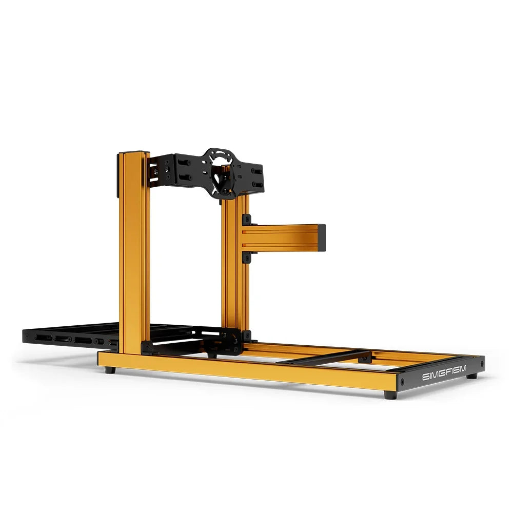 SIMGASM Hobby orange sim racing cockpit, front-mount wheel plate, side-profile studio view