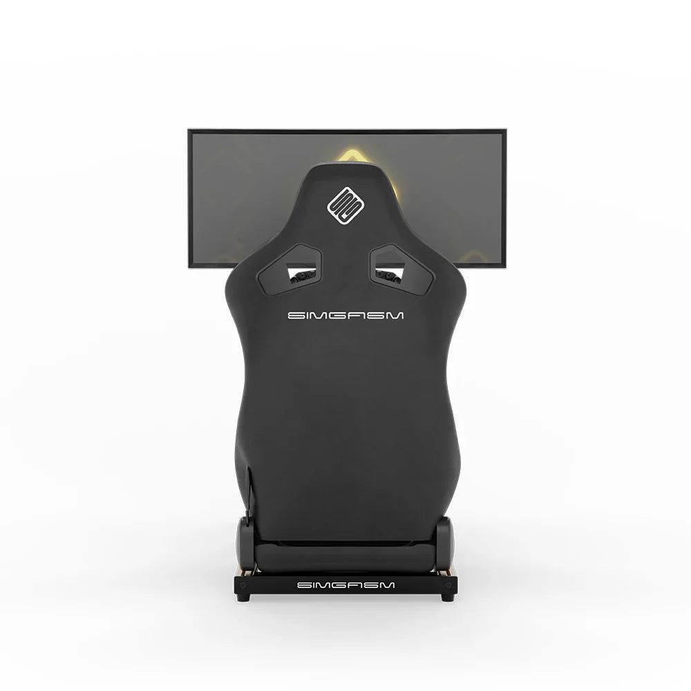 SIMGASM Hobby orange sim racing cockpit, black reclining seat and monitor, straight rear studio view