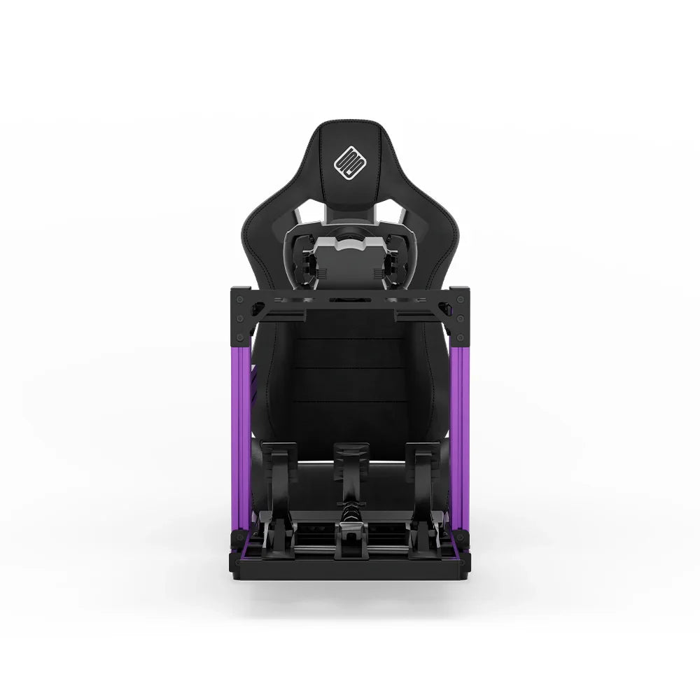 SIMGASM Hobby purple sim racing cockpit, black reclining seat and MOZA wheel base, straight front studio view
