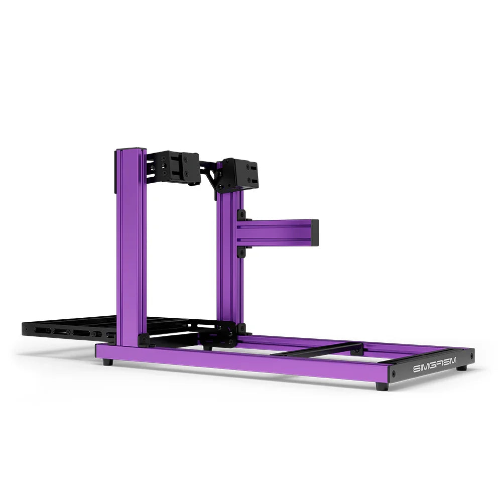 SIMGASM Hobby purple sim racing cockpit, side-mount wheel brackets, side-profile studio view