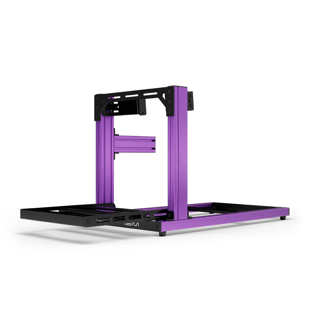 SIMGASM Hobby purple sim racing cockpit, side-mount wheel brackets, end-on studio view