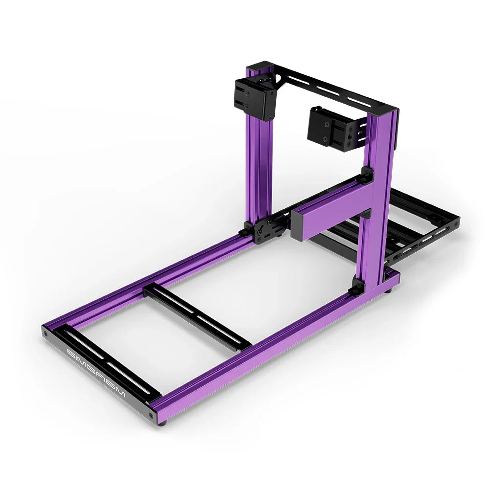 SIMGASM Hobby purple sim racing cockpit, side-mount wheel brackets, shifter-side three-quarter studio view
