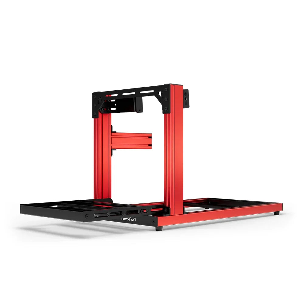 SIMGASM Hobby red sim racing cockpit, side-mount wheel brackets, end-on studio view