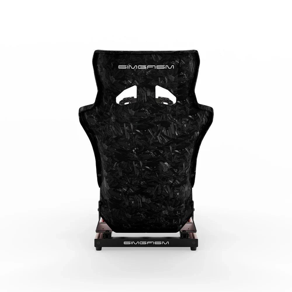 SIMGASM Hobby red sim racing cockpit, Forged Carbon Look GT seat, rear view of seat shell