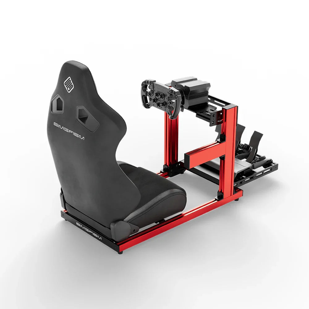 SIMGASM Hobby red sim racing cockpit, black reclining seat and MOZA wheel base, elevated rear angle, wheel right