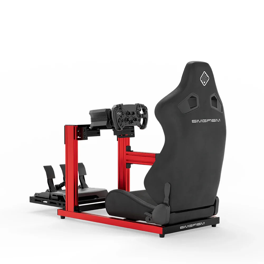 SIMGASM Hobby red sim racing cockpit, black reclining seat and MOZA wheel base, rear three-quarter studio view