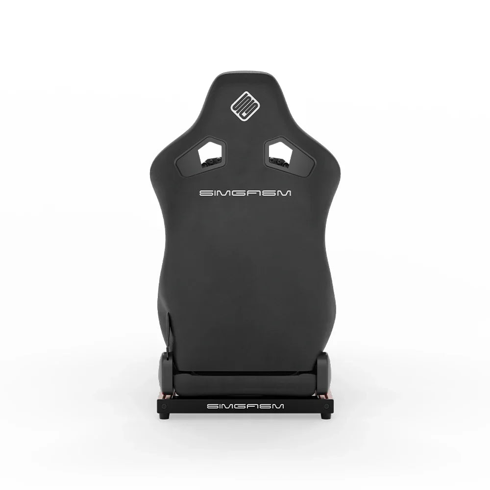 SIMGASM Hobby red sim racing cockpit, black reclining seat, rear view of seat shell
