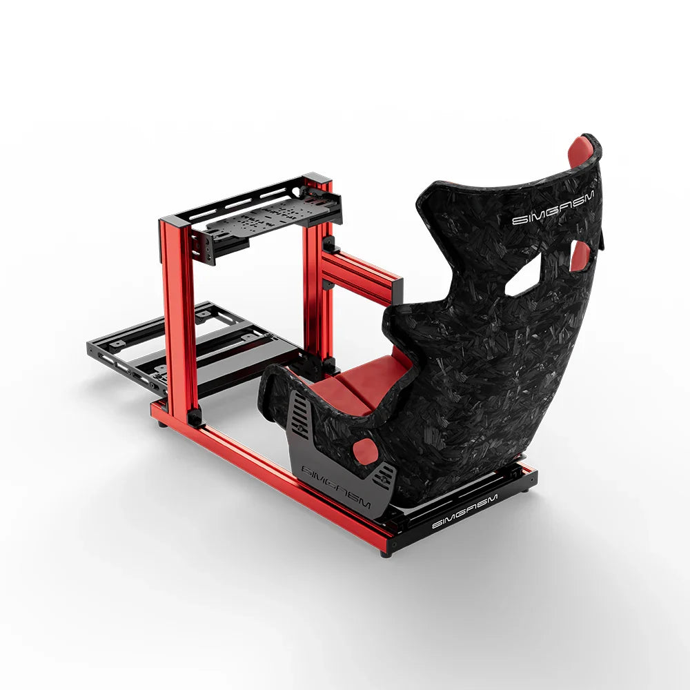 SIMGASM Hobby red sim racing cockpit, Forged Carbon Look GT seat, elevated rear angle, wheel left